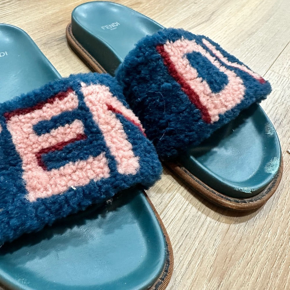 Fendi Blue and Pink Fuzzy Slide Loafers - Picture 2 of 3